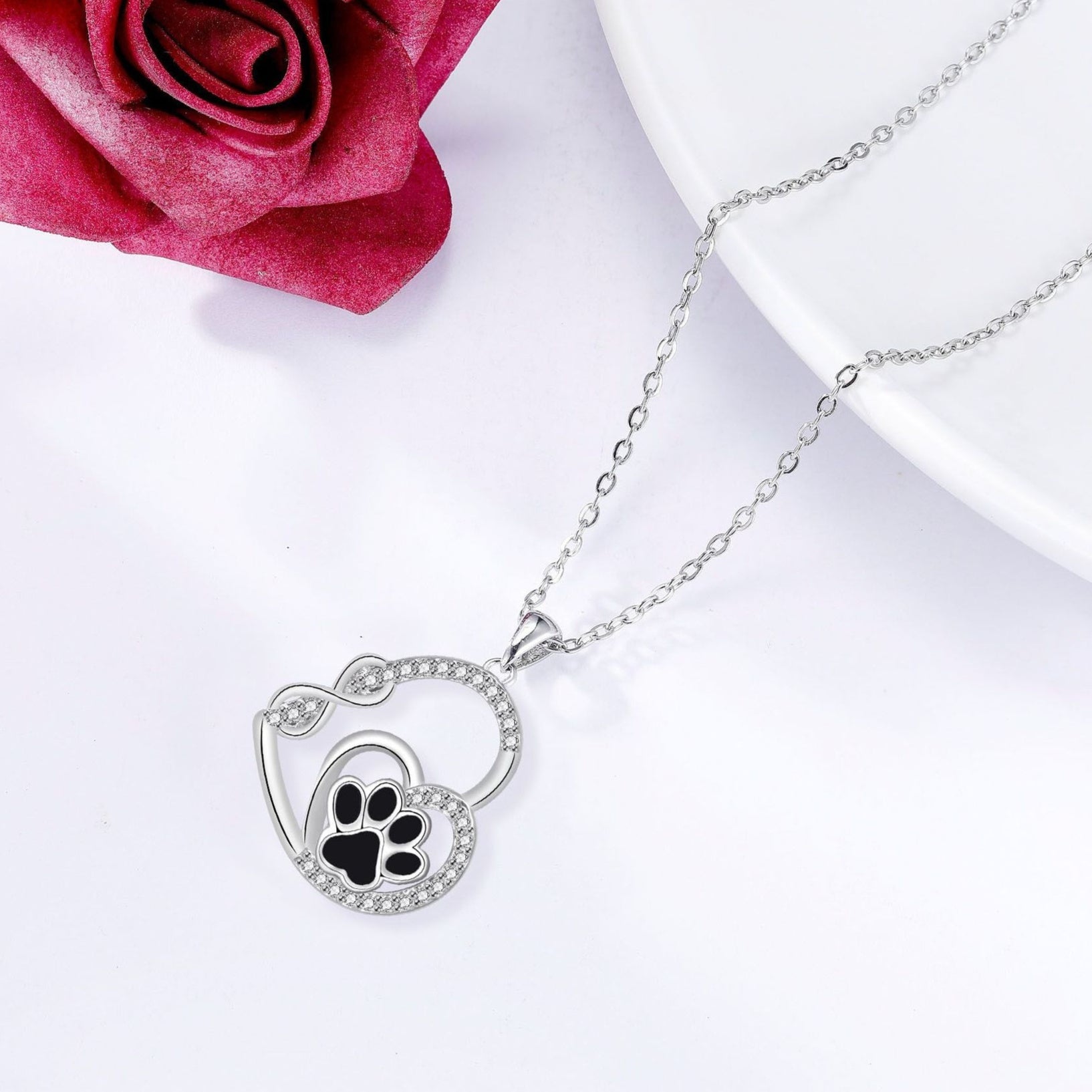 Infinite Double Love Pet Foot Print Pendant Necklace Clavicle Chain