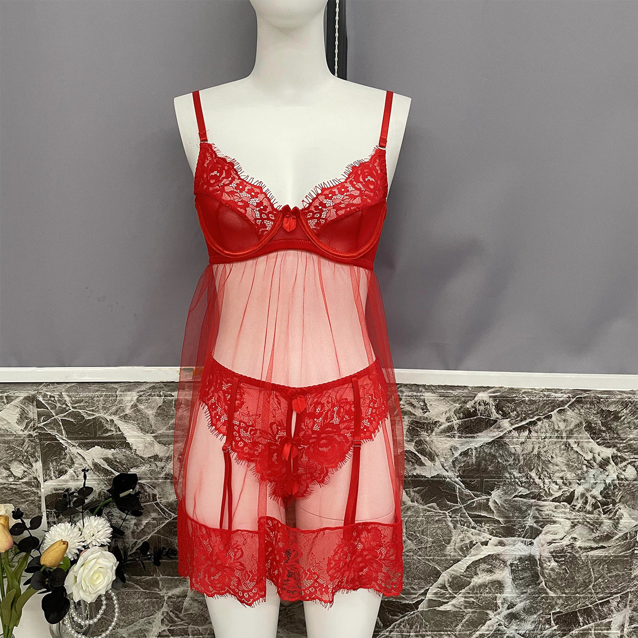 Sexy Mesh See-through Cute Tulle Nightdress Seductive Set