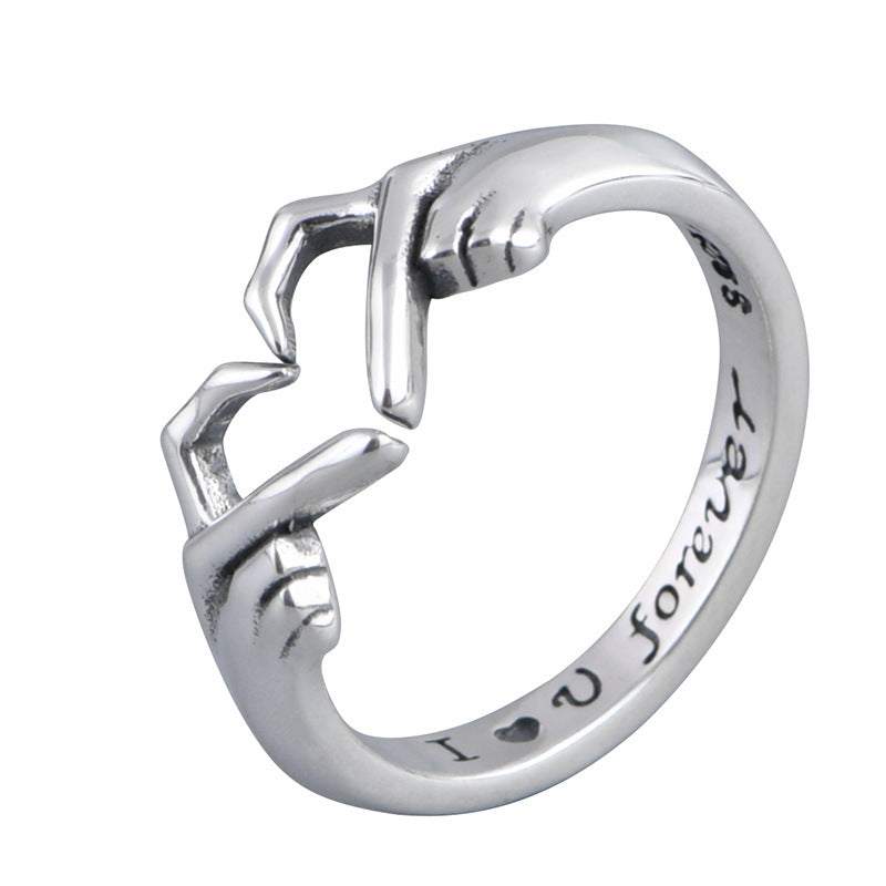 Romantic Heart Hug Couple Ring – Silver Punk Jewelry